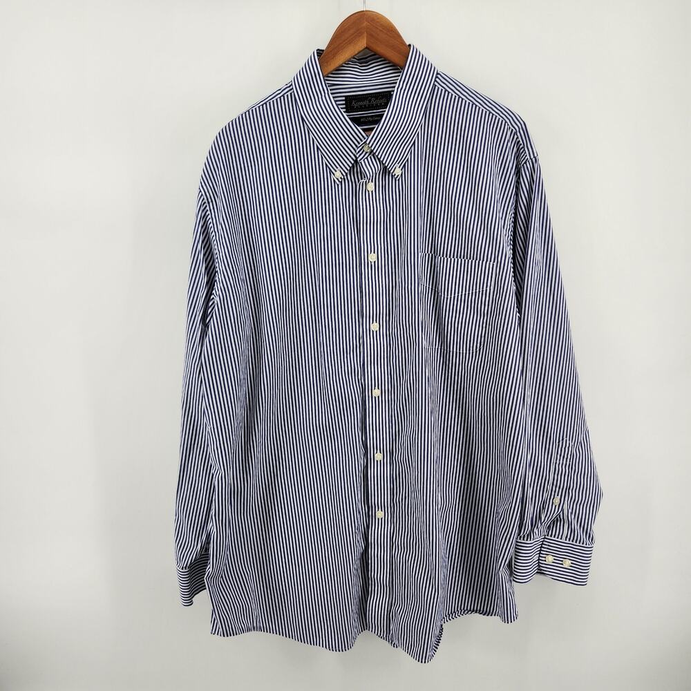 Kenneth Roberts Platinum Men's 18 34/35 Dress Shirt Blue White Pinstripe Cotton